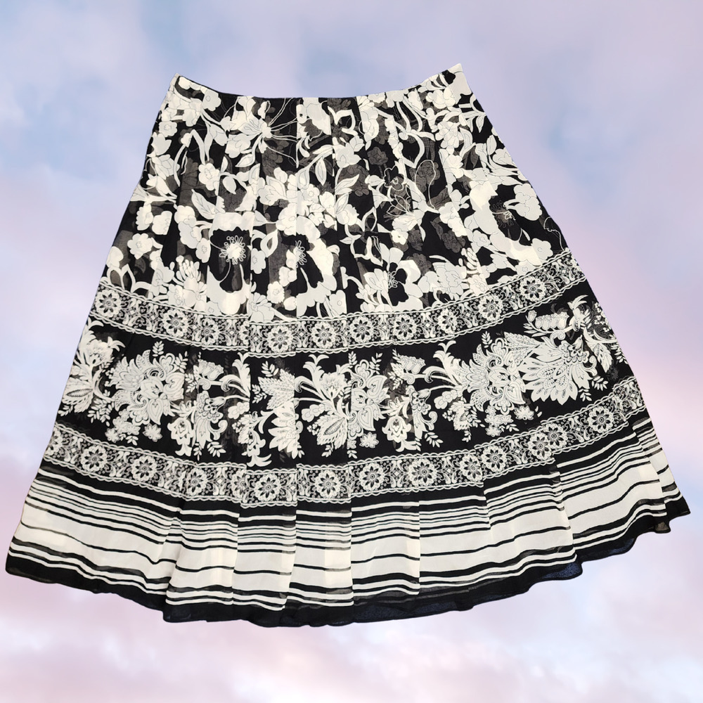 Jones New York Black Off White Floral Mod Retro Long Midi Pleated Silk Skirt 12